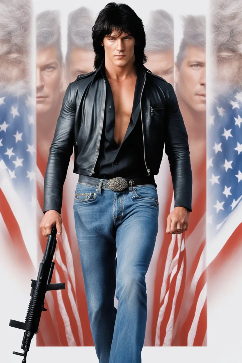 20-year-old, extremely muscular, short, buzz-cut, military-style haircut, pitch black hair, Paul Stanley/Elvis Presley/Keanu Reeves/Pierce Brosnan/Jon Bernthal/Sean Bean/Dolph Lundgren/Patrick Swayze/ hybrid, as the extremely muscular Superhero "SUPERSONIC" in an original patriotic red, white and blue, "Supersonic" suit with an America Flag Cape,