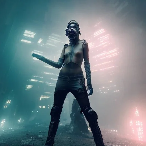 portrait of beautiful woman wearing ultra cyberpunk dystopian fashion, gas mask, ripped clothing, mist and fog, 8k, high-quality, ultra-fine detail, Brian Froud, Howard Lyon, Anna Dittman, Anne Stokes, Selina French, Greg Rutowski