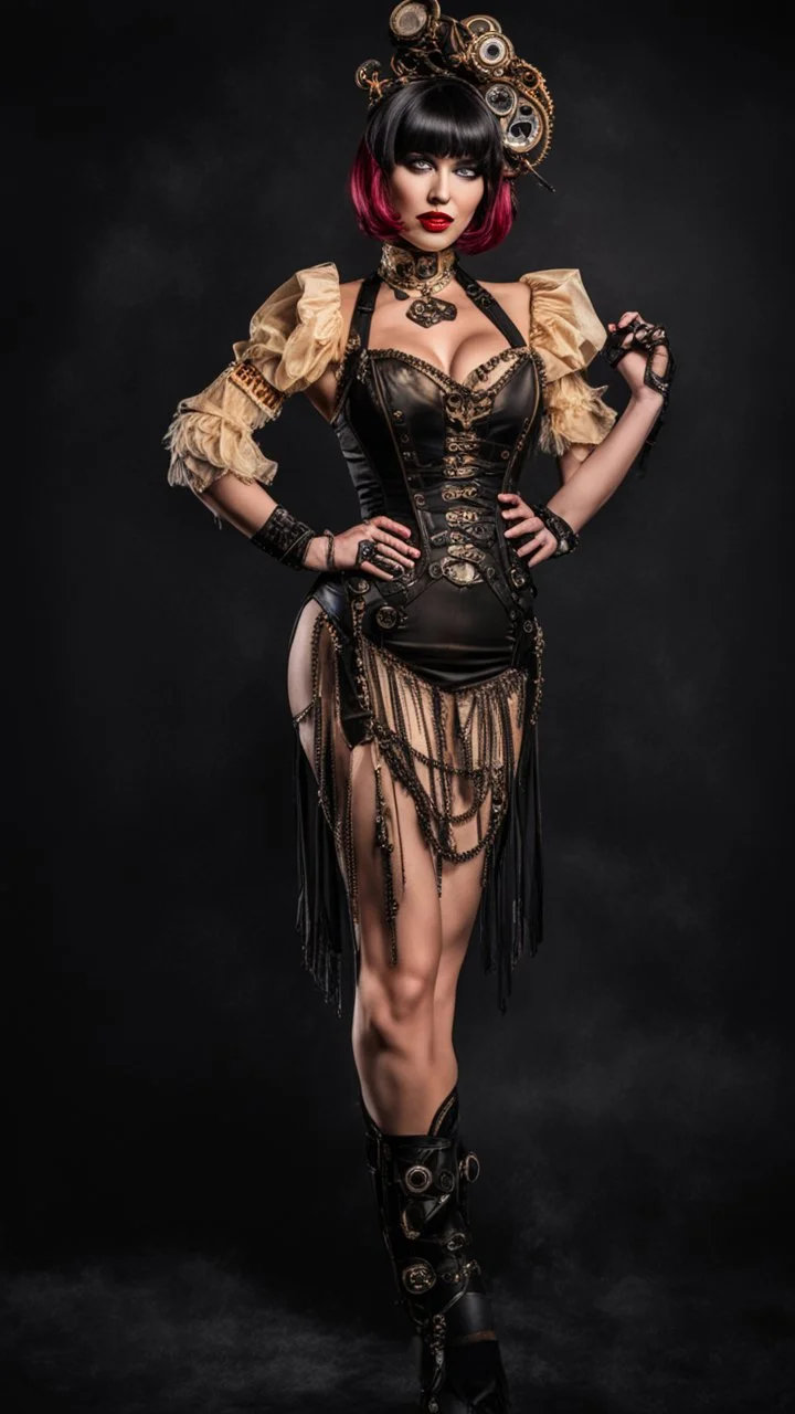 Full Body photo of a steampunk burlesque Woman With A Bob and a Fringe Hairstyle, Black Background