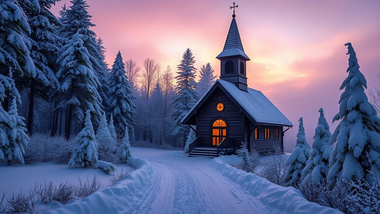 snow-covered wooden church in a snowscape with trees, path leading to church, conical spire, rounded door, windows, glowing light, winter sky, sunset in mist, beautiful composition, 8K, intricate detail, atmospheric, winter festival