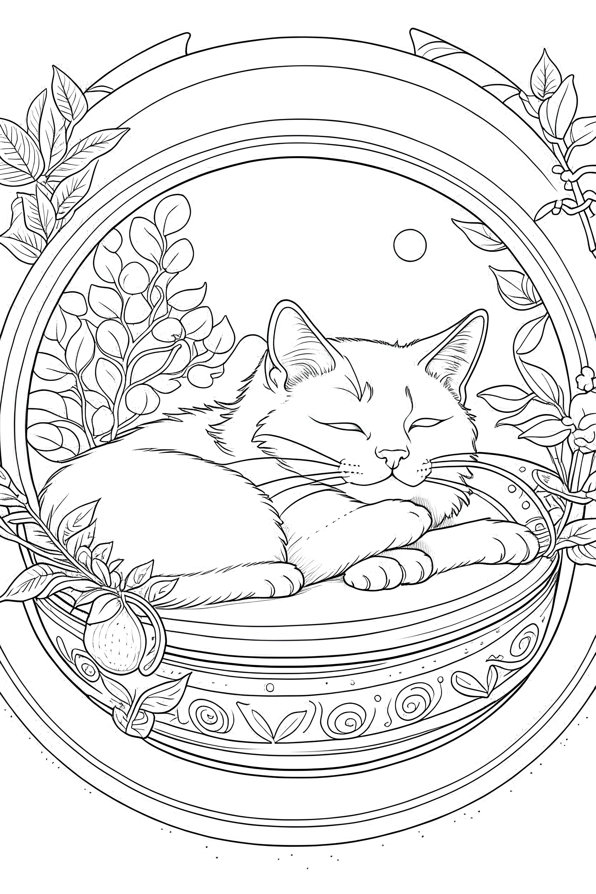 create a coloring page that Illustrate the tranquility of a cat peacefully napping in a cozy spot, perhaps curled up on a soft blanket or a windowsill. full image.