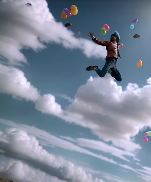 Ultra realistic speed clouds sky scene, wide angle view, sweet men falling down with many Childs, feather color clothing, free jumping flying, many trinkets, hair monster, many jelly beans, balls, color smoke, smile, happy, circus style, extreme, wind, clouds sea, 20,000 feet altitude, stratosphere, soft color, highly detailed, unreal engine 5, ray tracing, RTX, lumen lighting, ultra detail, volumetric lighting, 3d, finely drawn, high definition, high resolution.