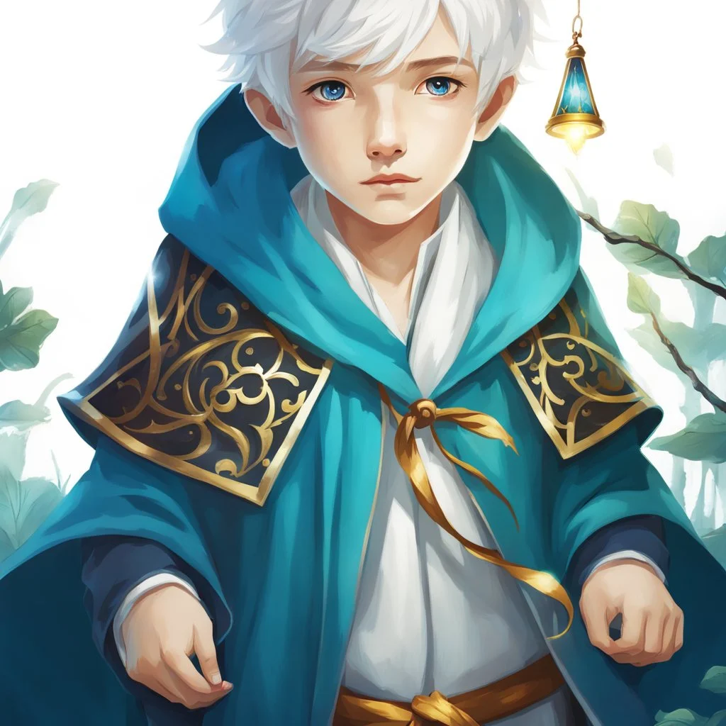 Fantasy World, A boy only wearing a closed wizards robe, and wearing a wizards hat. White Hair. Golden Eyes