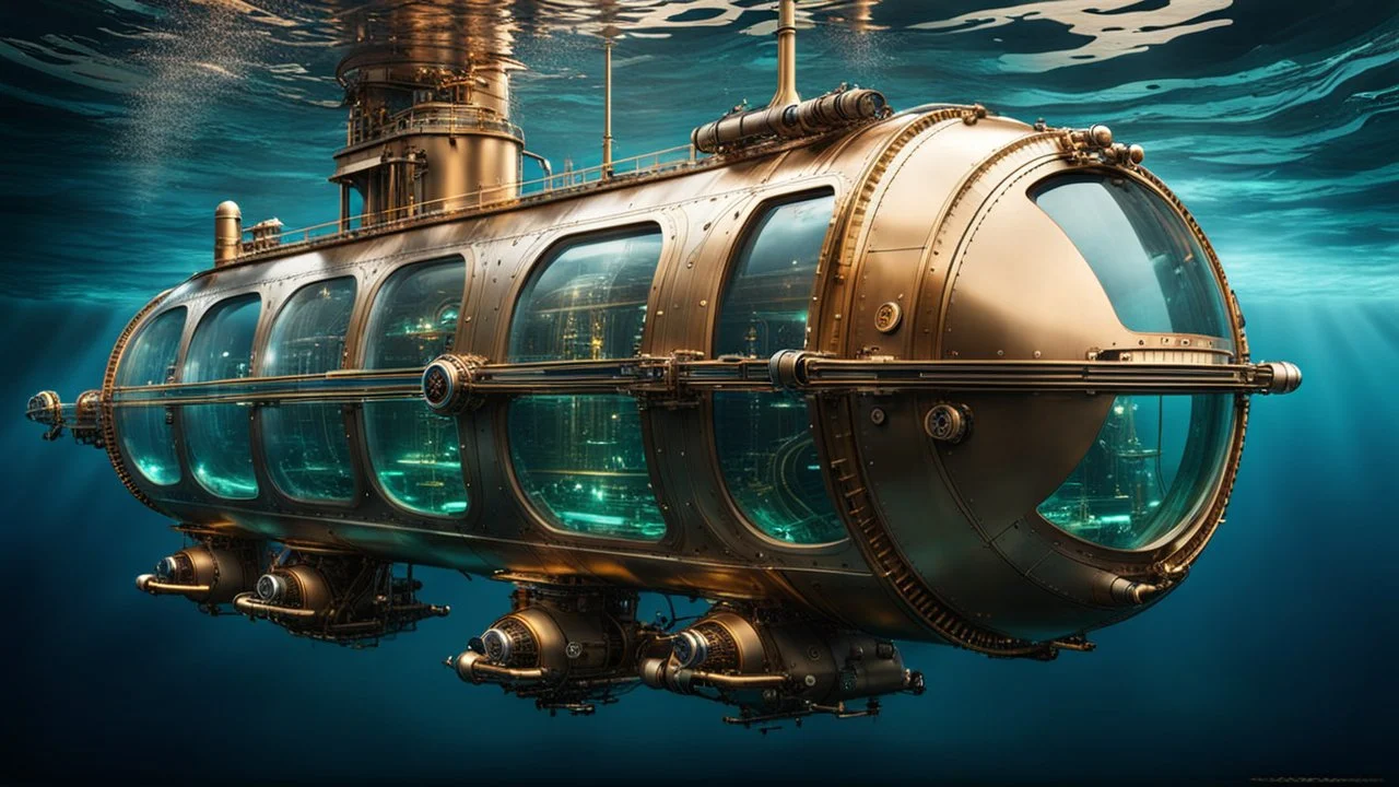 An unique cyber steampunk glass and metal submarine in the ocean, with large of water surrounding it. The submarine bottom positioned in the center of the frame, providing a unique perspective on this streamlined high-techstructure and interior equipment underwater, high detalied, sharp focus, best shot, sci-fi mood