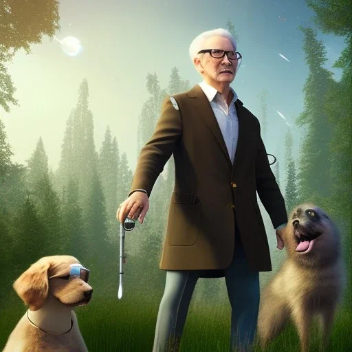 old man with glasses, with dog travels the universe of sound, photorealistic, 8k