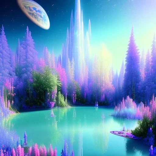 one big Cosmic crystal subtle in a galactic ambiance , blue lake, delicate flowers, delicate colors, bin the foreground, full of details, smooth，soft light atmosphere, light effect，vaporwave colorful, concept art, smooth, extremely sharp, masterpiece, best quality, blue skinned, sparkling,8k, , sun light, 8K, RAW, depth of field,high contrast,