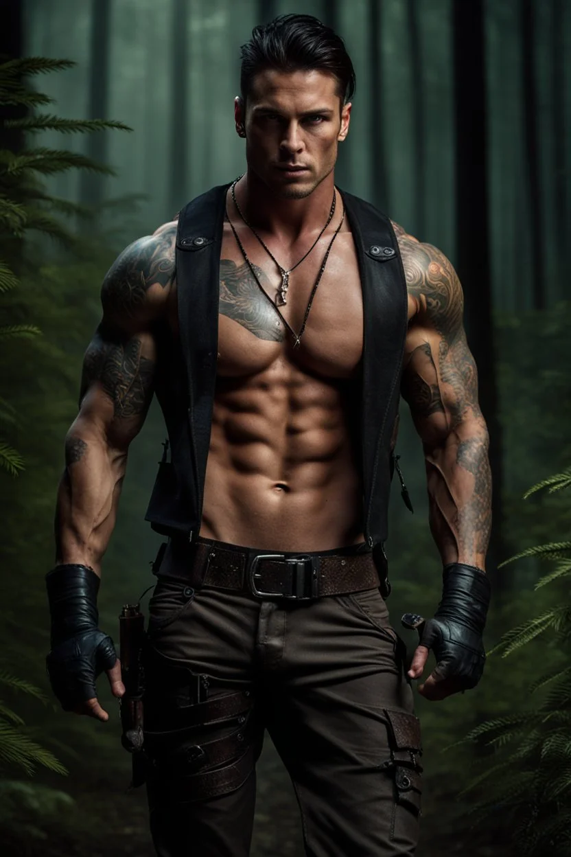 Handsome muscular alpha male, 30 years old, Dark eyes, Long brown hair which flows over his shoulders, bare chest covered in tattoos and scars. wearing black combat trousers and heavy boots, photorealistic, 4k, dark fantasy, forest background