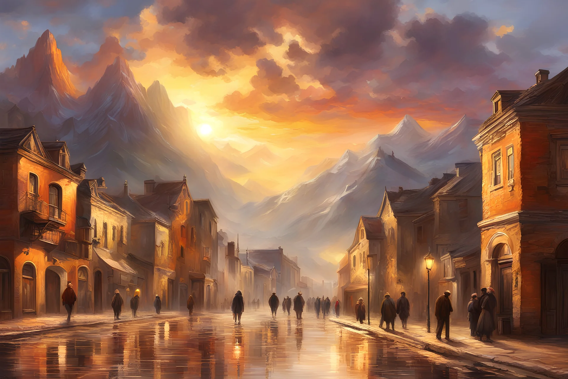 Landscape, sunrise, clouds, mountains, bright, old city, reflections, street lights, people on sidewalk, digital painting in style of bierstadt