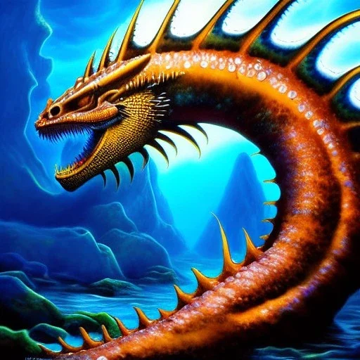 ultra detailed fullbody Drawing of Sea Dragon monster underwater , extremely detailed digital painting, intrincate, extremely detailed face,crystal clear Big eyes, in the style of Frank Frazetta, mystical colors , perfectly centered image, perfect composition, rim light, beautiful lighting, 8k, stunning scene, raytracing