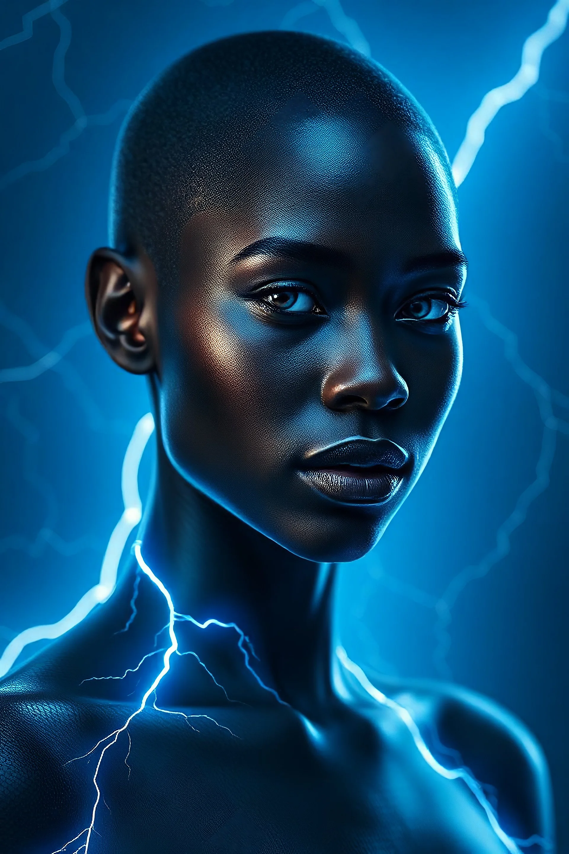 a Beautiful and noble bald black woman illuminated by lightning, very high intricate details, blue lights, atmospheric