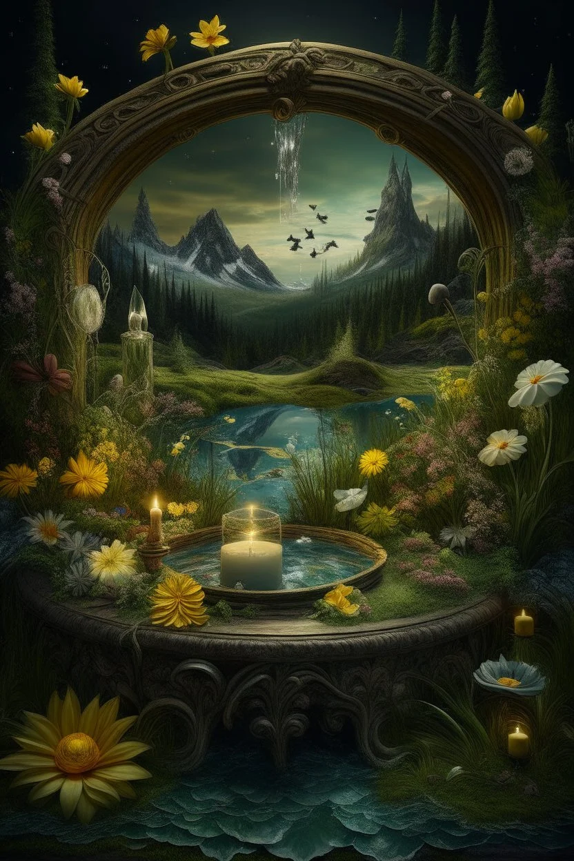 Hyperrealism against the background of a spring landscape in the forest +mirror with a tsunami whirlpool +mountains +ritual +candles+dried flowers+wildflowers+moss++decoupage of flowers+embroidery technique+braided beads+vine+moonlit night,fabulous landscape,surrealism,realism,naturalism,dot technique,microdetalization,high detail objects,digital illustration,volumetric clarity,dark fantasy,dark botanical, professional photo