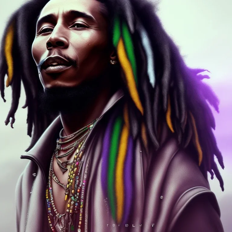 bob marley , full body shot, masterpiece, best quality, black skinned, sparkling eyes, fluorescent skin,purple-dark makeup, smoke . warrior armor , highly detailed body, sun light, 4K, RAW, depth of field, high contrast, realistic details, 24mm