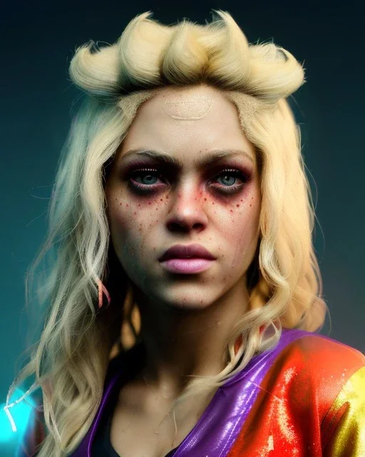 portrait, Shakira, blonde artist, angry, Realistic image, MMA robe, hoodie, mouthguard, nose, band aid, loose long hair, eyes make up, line gold make up, glow, circle iris. Rain, fog, Neon colors, leds. Dark background, photo studio, concept art, smooth, unreal engine 5, god lights, ray tracing, RTX, lumen lighting, ultra detail, volumetric lighting, 3d, finely drawn, high definition, 4k.