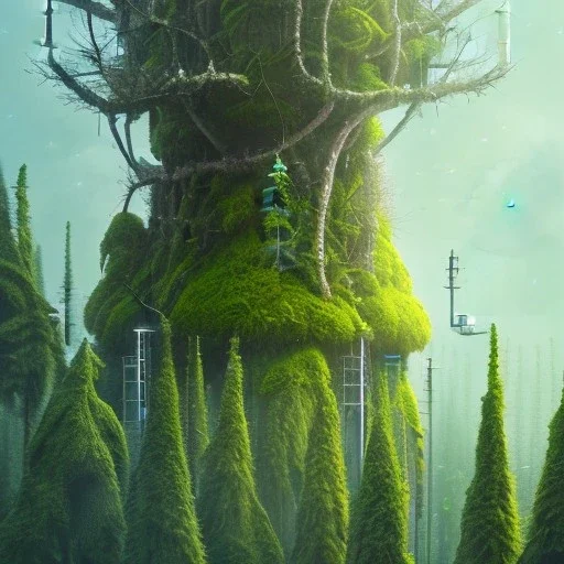 close up on holy scientist in coat ,cell towers overgrown with moss, trees and vegetation, spray paint art, book illustration, 4k, high detail, filmed from drone