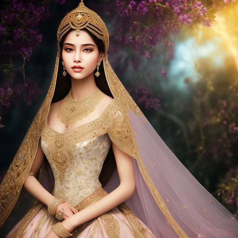 A beautiful veiled Muslim princess , beautiful portrait, flowery landscape