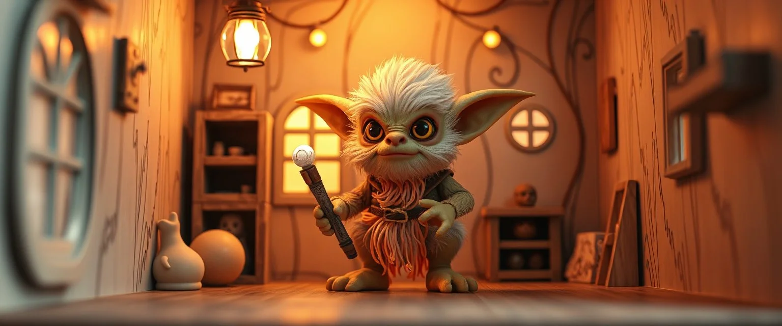 air brush 3d with pen outline,spaghetti western fluffy goblin edgy hero, shallow depth of field, warm lantern, pin hole cam in doll house, bottom floor board border