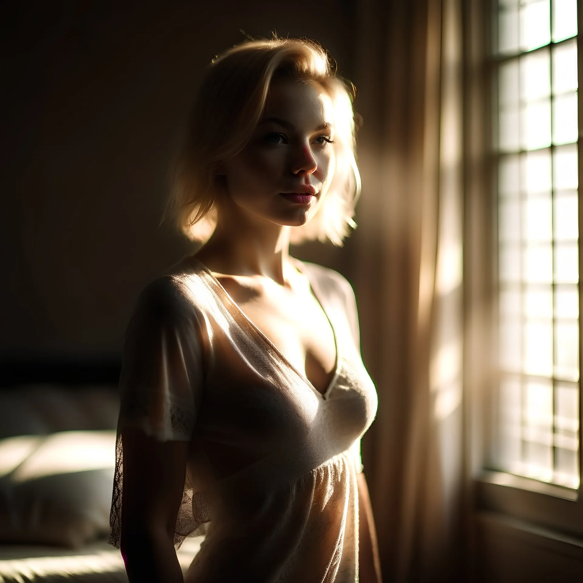 A (((lithe, slender, 30-year-old blonde woman))), dressed in a (((short, sheer, lace nightgown))), posed in a (((attractive style))) against a backdrop of a luxurious bedroom, bathed in (natural window light) during a (((sunrise photograph))), taken using a Canon 5D Mark IV with a 35mm lens, evoking a (((Miller Earl-esque, Vogue-style)) cinematographic aesthetic).