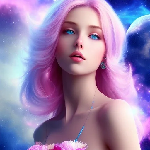 mutant pretty and sweet woman , perfect composition, hyperrealistic, blue and pink cosmic atmosphere, super detailed, 8k, high quality,