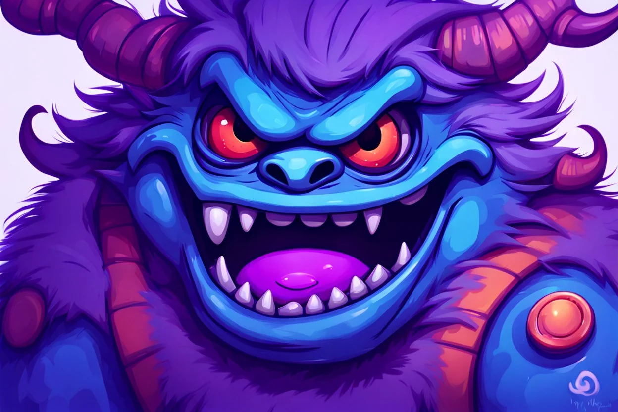 closeup of a smiling monster's face, big teeth, fur, bumps and horns, my pet monster inspiration, urban character design