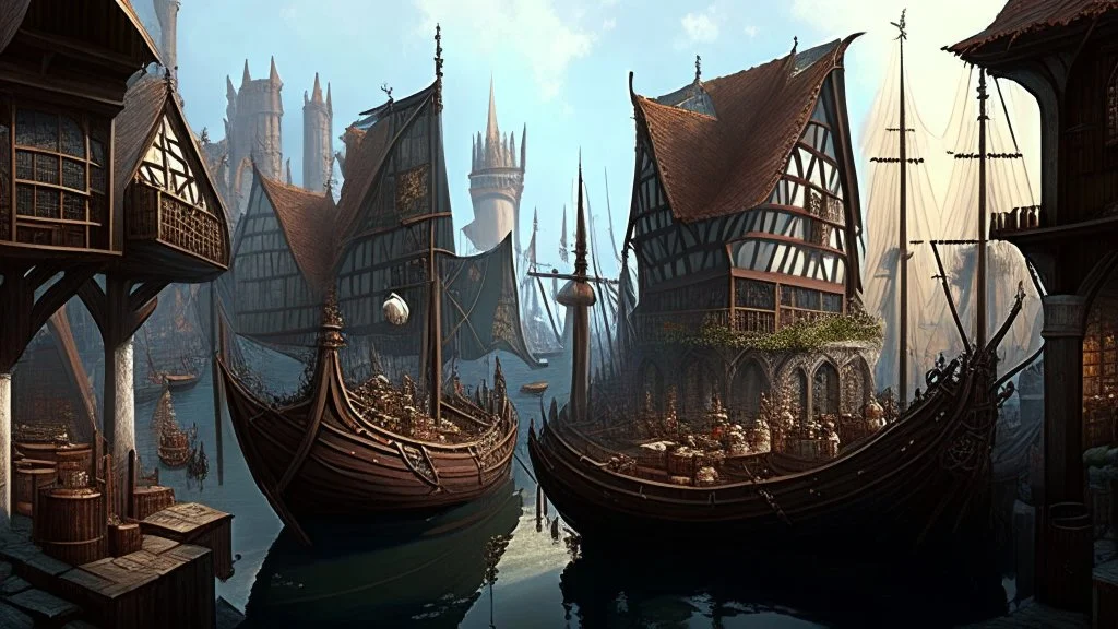 gothic medieval harbour with ships, piers, houses, shops, inns, balconies, plants, people, market