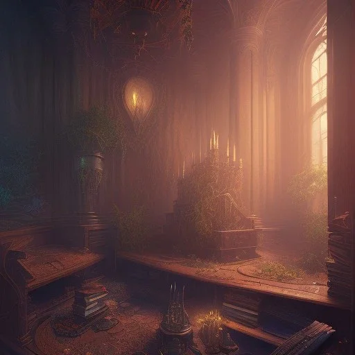 dark fantasy concept art, dynamic lighting, hyperdetailed, intricately detailed, Splash screen art, deep color, Unreal Engine, volumetric lighting, fantasy library artwork, indoors, cozy, leather, wood, library, candles,