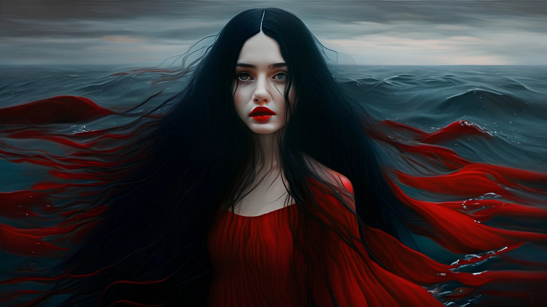 A beautiful girl in a red dress, long black hair and black eyes lives in the middle of the ocean