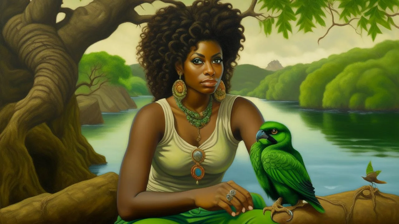 A painting of a 30-year-old Black woman with curly hair and an earring, sitting on a tree trunk. She is holding a green parrot. The background shows a landscape with a lake, rocks, and trees. In the lower left corner, there is a gold frame. A bulldog sits at her feet. The style evokes classical portraiture with a surrealist touch, using chiaroscuro techniques to highlight the figure against the detailed landscape.