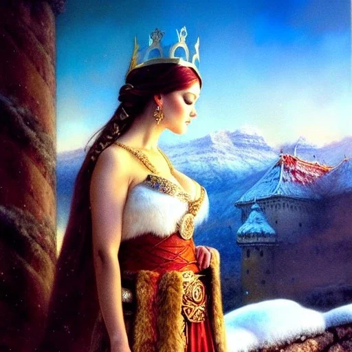 Drawing of beautiful face extra busty viking queen,balcony, view, fire brazier,braids,,snow,castle,mountains,ancient leather armor, balanciaga fashion clothe painting by gaston bussiere, greg rutkowski, yoji shinkawa, yoshitaka amano, tsutomu nihei, donato giancola, tim hildebrandt, oil on canvas, cinematic composition, extreme detail,fit full head inside picture,16k