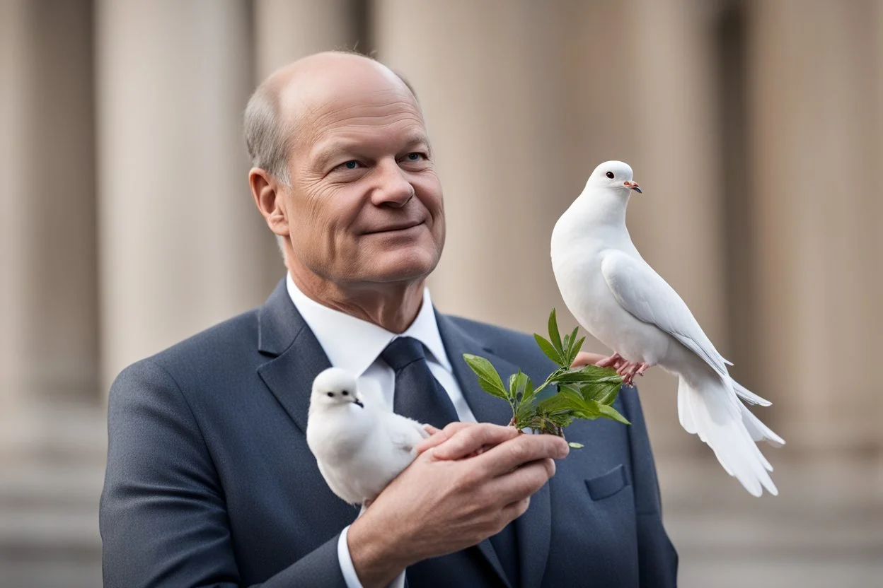 chancellor Olaf Scholz next to a dove, holding an olive branch