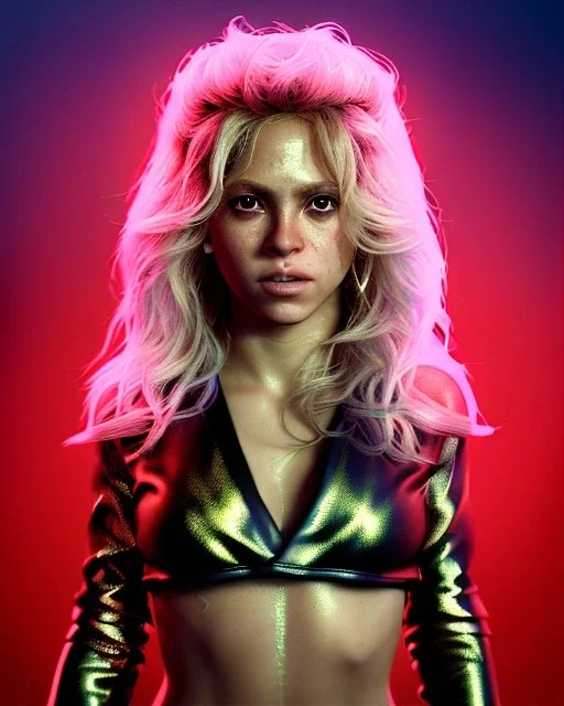 portrait, Shakira, blonde artist, angry, Realistic image, MMA robe, hoodie, mma gloves, loose long hair, eyes, makeup, gold line make up, moisture, sweat, fog, goddess, Neon colors, leds. Black background, photo studio, concept art, smooth, unreal engine 5, god lights, ray tracing, RTX, lumen lighting, ultra detail, volumetric lighting, 3d, finely drawn, high definition, 4k.