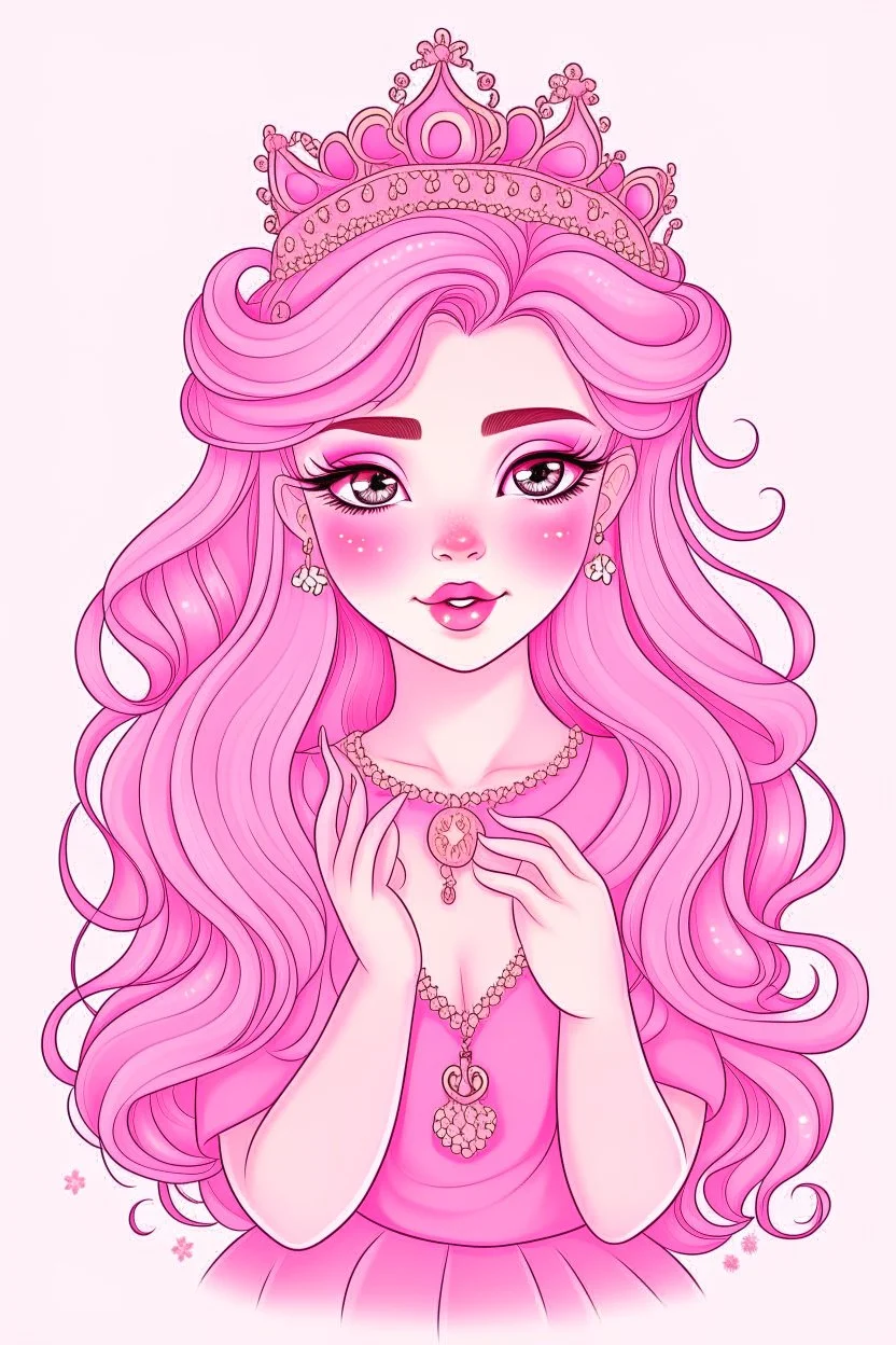 A very beautiful princess with an attractive face, she puts on a nice blush, with light pink wavy hair, and she puts a cute hair tie and puts on beautiful accessories