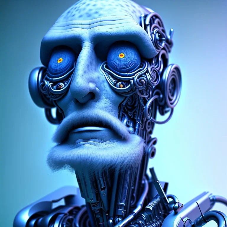 A beautiful portrait of an old cyborg man blue color scheme, high key lighting, volumetric light high details psychedelic background