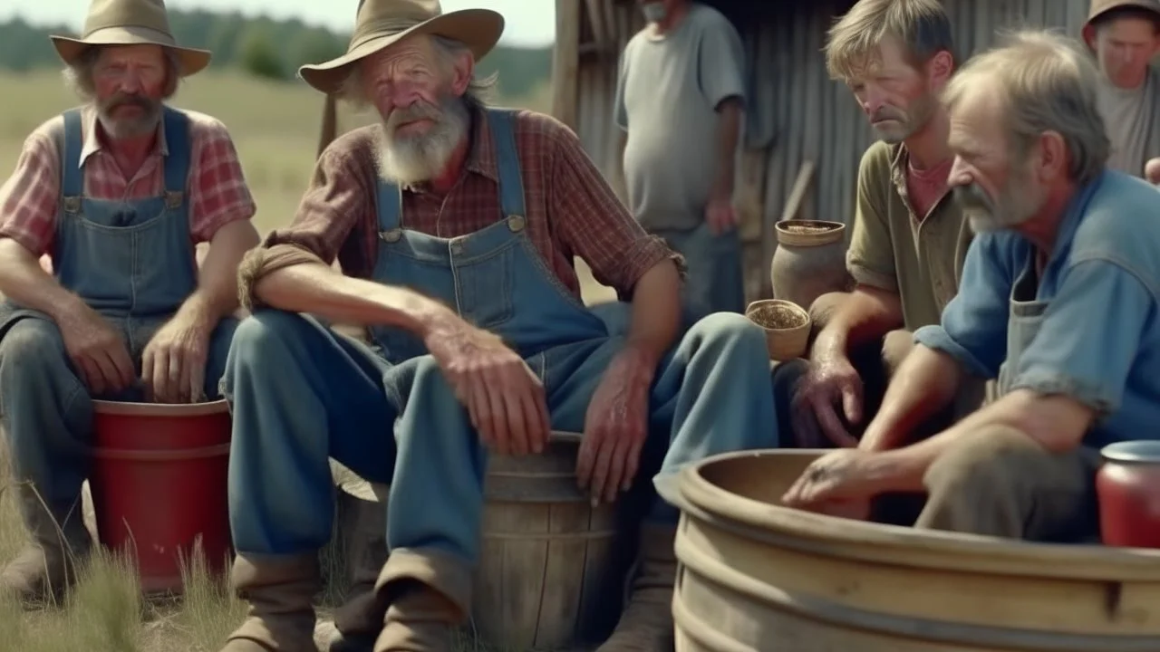 In a mesmerizing combination of brilliant and fading shades, photorealistic,an insanely detailed photographof a family get together of flimsy mid western ugly and dirty kentucky hill billy farmers in ragged overall and holed shoes, eating from a carbage bins outside a mcdonald restaurant 8k UHD