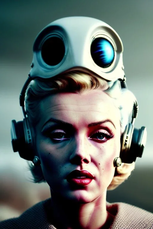 Ultra Realistic retro sci-fi scene, portrait, blonde woman, sweet young Marilyn Monroe face, perfect iris, tight latex coat, Strange planet background, Retro sci-fi style helmet, plants, birds, fog, rain, soft color, highly detailed, unreal engine 5, ray tracing, RTX, lumen lighting, ultra detail, volumetric lighting, 3d, finely drawn, high definition, high resolution.