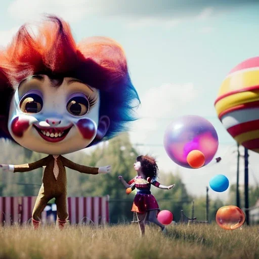 Ultra realistic circus scene. Sweet big hair monster flying, playing with Child’s, smile, happy, color bubbles, smooth color, waist up view, Wes Anderson style, a lot of people background, highly detailed, concept art, unreal engine 5, god rays, ray tracing, RTX, lumen lighting, ultra detail, volumetric lighting, 3d, finely drawn, high definition, high resolution.