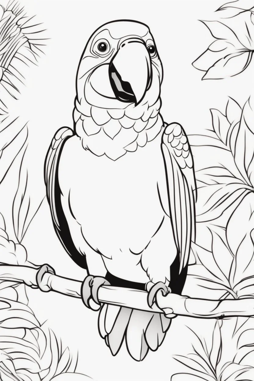 blank colouring book, white blank background, simple picture for toddlers, parrot, disney and pixar style