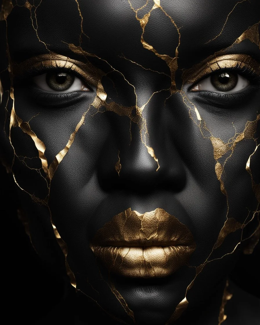 a beautiful black woman face made of kintsugi seam, photo realistic, 16K