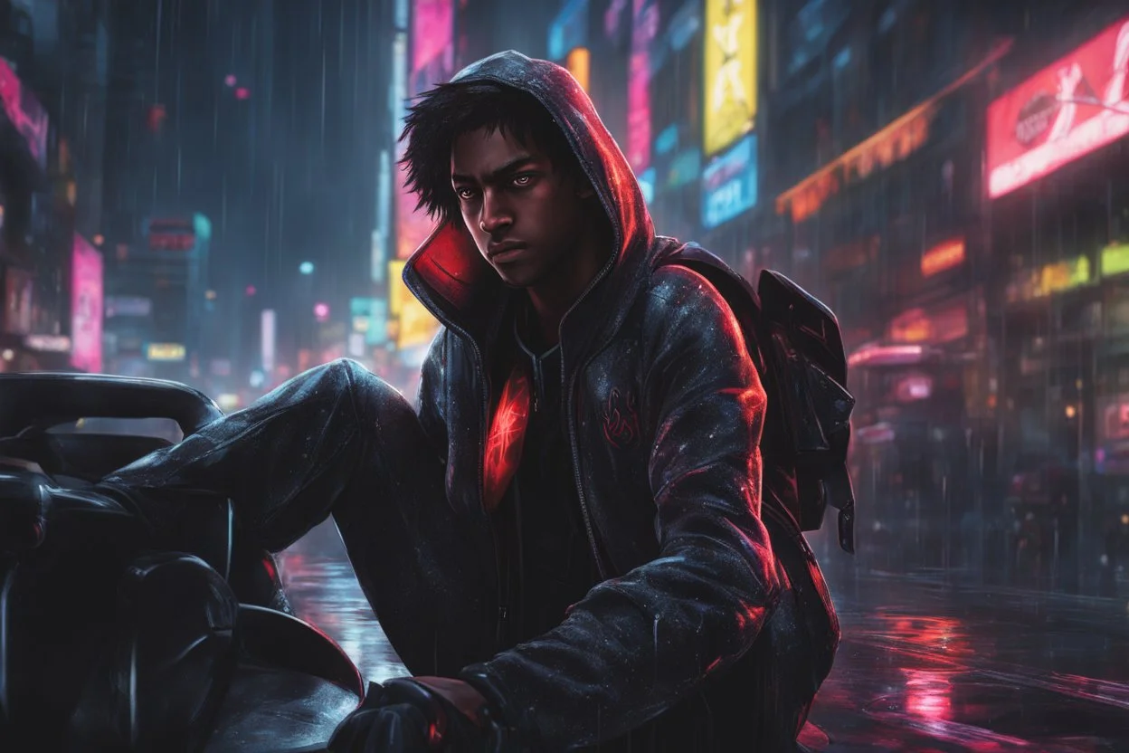 Miles morales in 8k nier automata drawing style, Carrying them, cinematic mood, neon effect, close picture, rain, highly detailed, high details, detailed portrait, masterpiece,ultra detailed, ultra quality