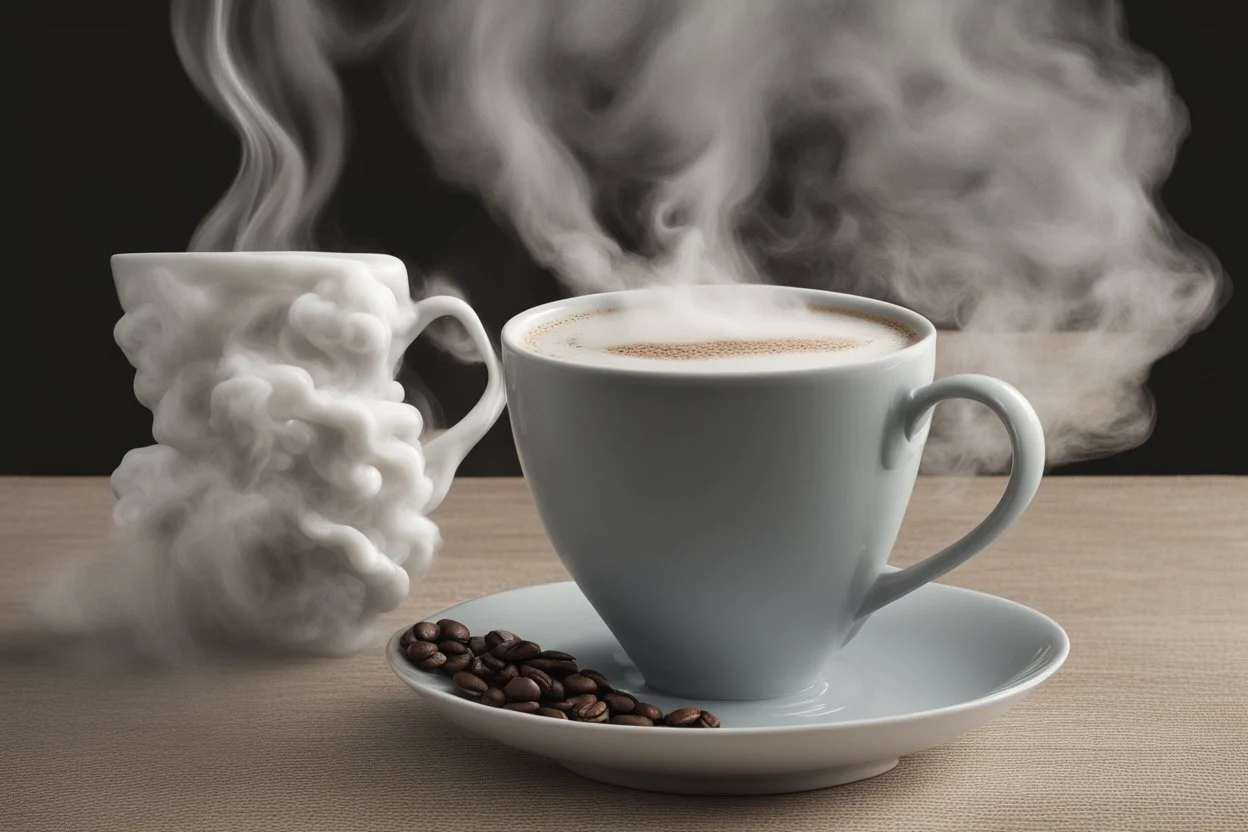 steaming coffee in a porcelain cup, the steam forming a female figure