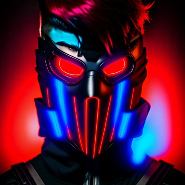 glowing Red eyes, mask, Male, portrait, Dark tactical suit, blue hair