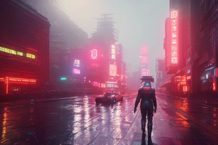 3D, beautiful, light reflecting, empty city at night, rainy night, neon, cyberpunk, tron, person with helmet walking