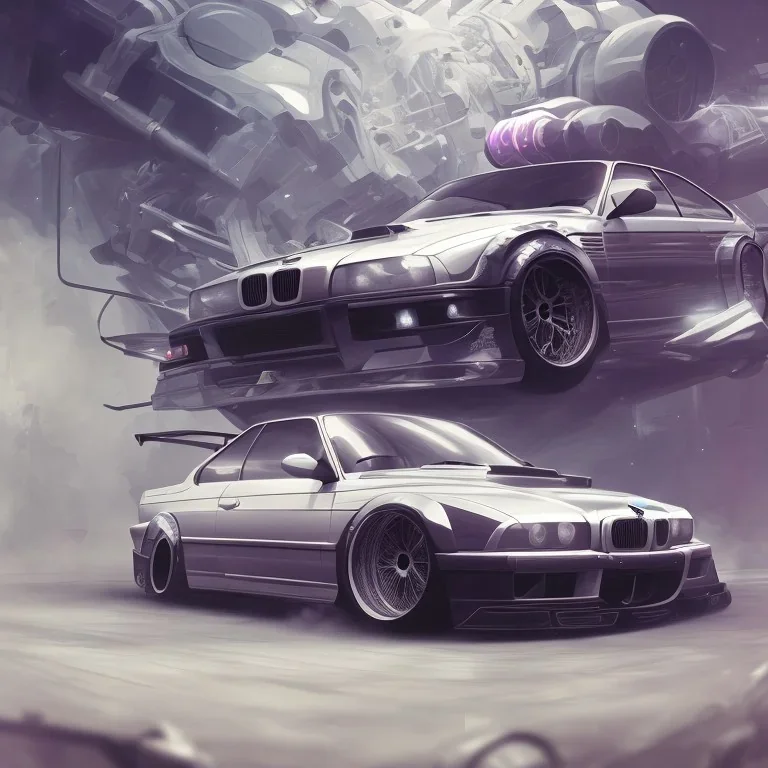 voiture blanche, drift, fleur, chrome, synthwave, Concept Art, couleur vibrante,BMW E36, drift