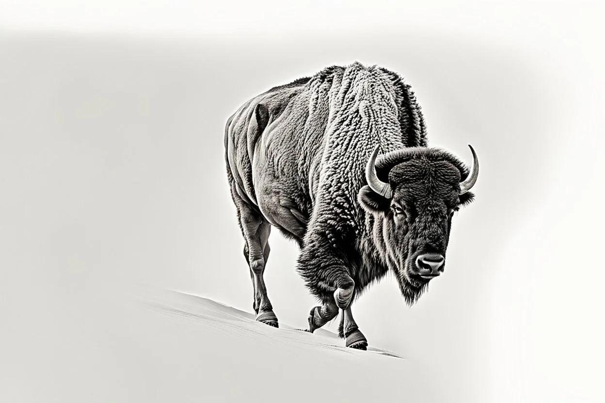 Bison walking towards viewer's right, on white background, fades out on the left