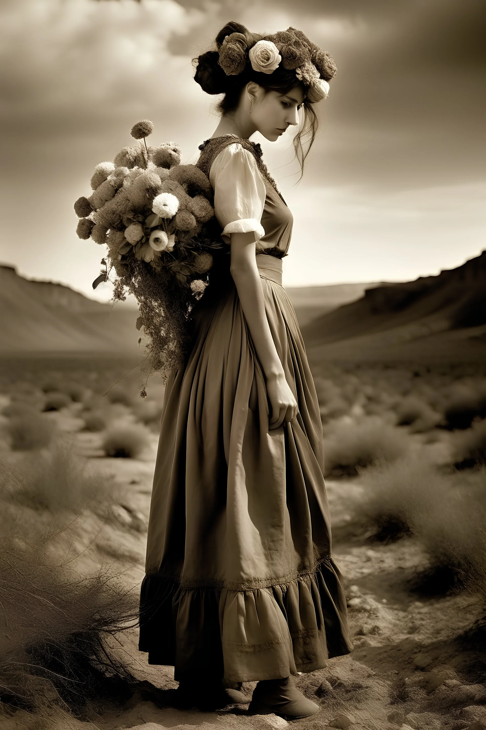 young woman, blouse and skirt, thin black bow under the neck of the blouse, huge bouquet of flowers on her head, full body, in a 16K wasteland, toned in sepia, estilo Bansky, profile view