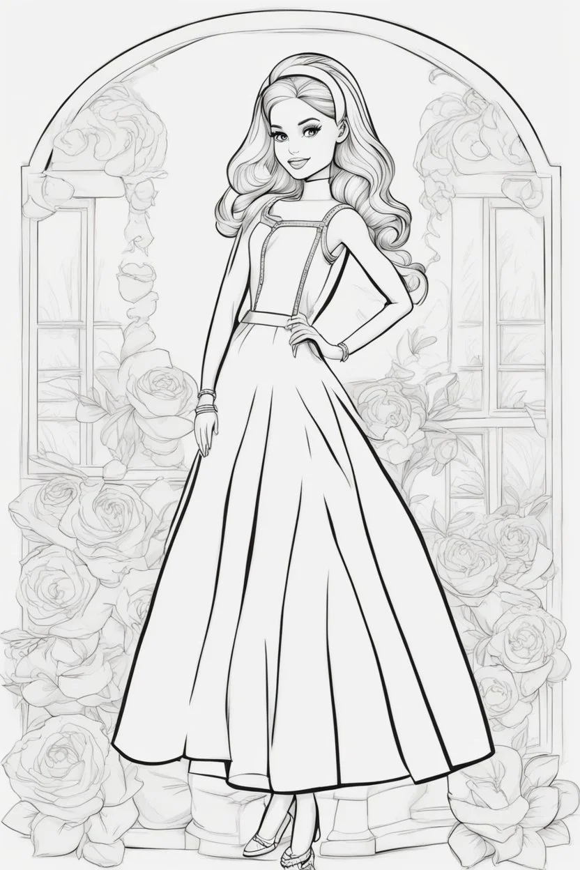 outline art for kids coloring pages with barbie no background, sketch style, full body, only use outline, mandala style, clean line art, white background, no shadows and clear and well outlined. should look exactly like barbie