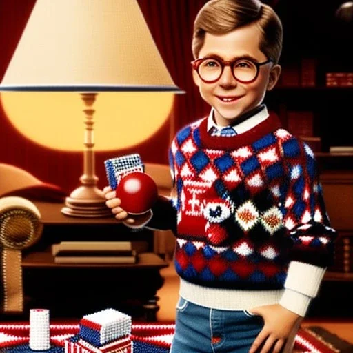 living room scene, ralphie peter billingsley glasses, boy in argyle sweater holding a (dark red soap)