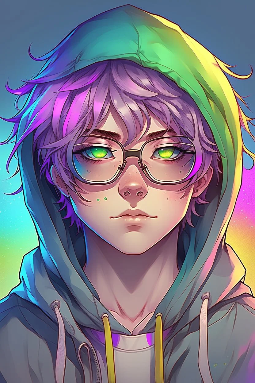 Anime man with glasses, messy rainbow hair, wearing a hooded sweatshirt, realistic