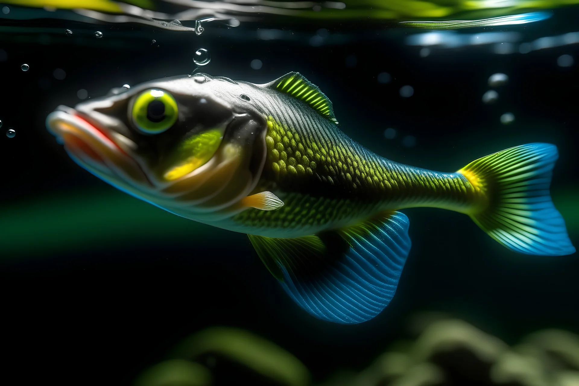 fish underwater looks at an artificial lure with hook prior to striking it