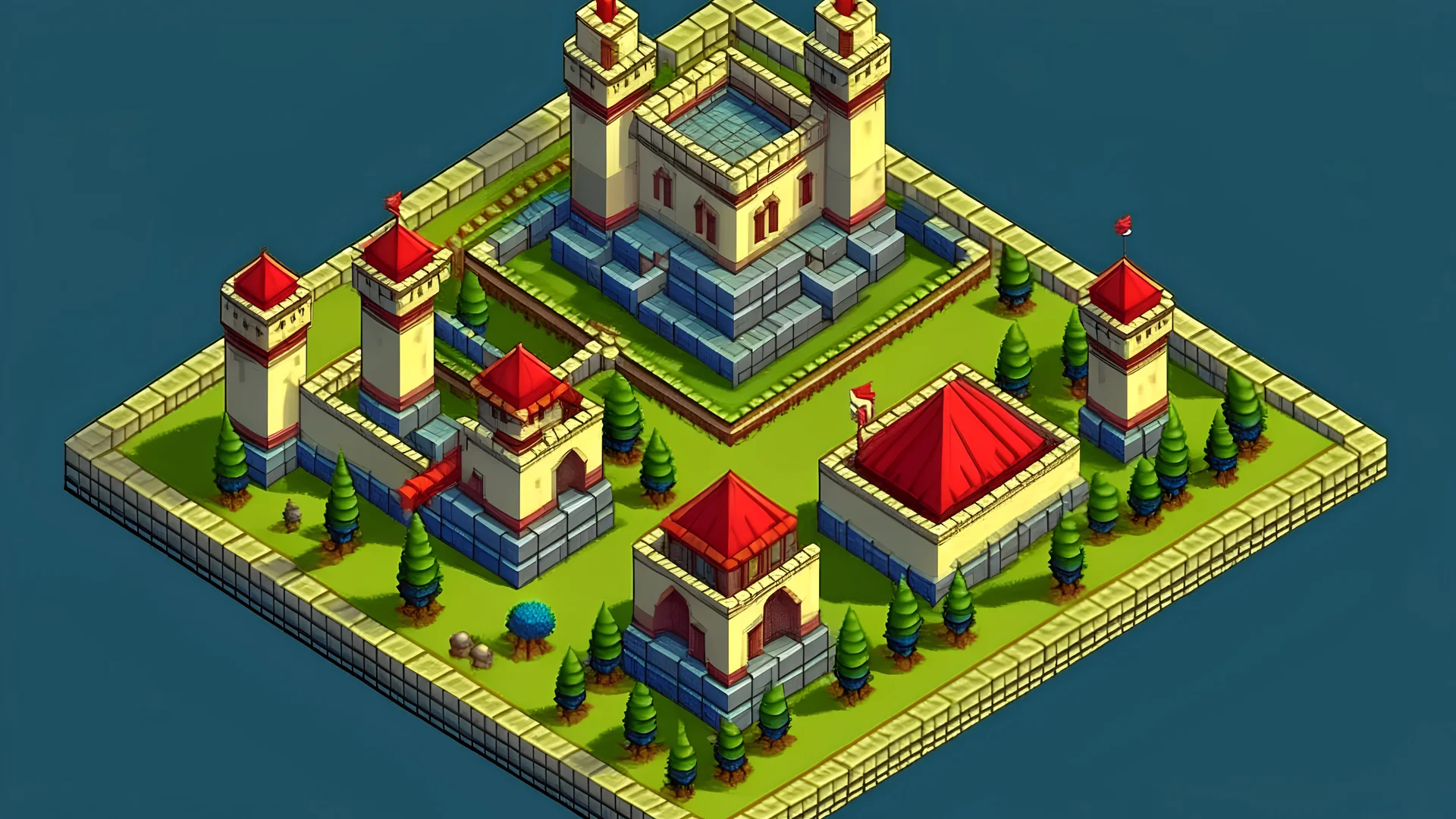 Generate an area in the castle like in mobile strategy games where in 3d there are a workshop, barracks, a Tournament castle and a monster farm in a circle. pixelart style age of empires