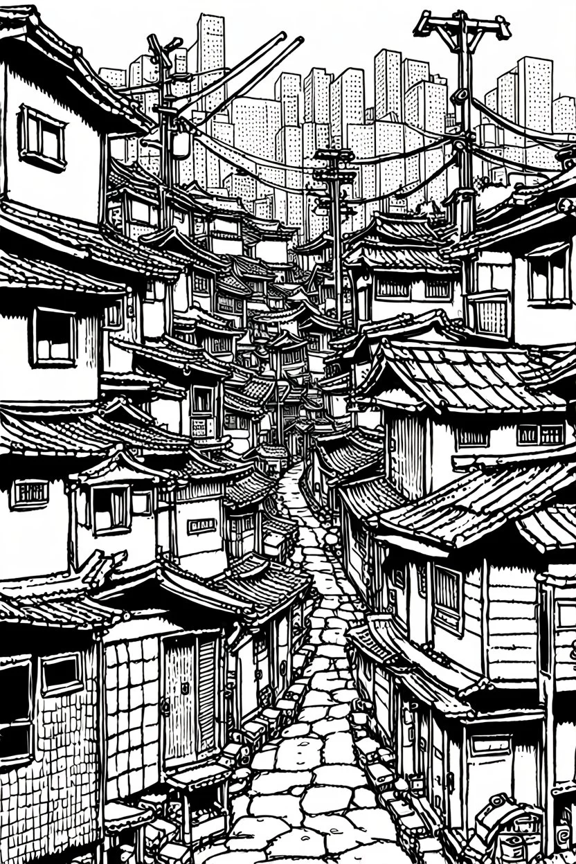 Tokyo shanty town, line arts, manga style